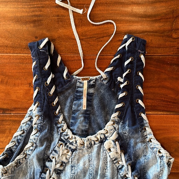 Free People Blue Denim Mini Sleeveless Dress XS with Tie Lace Detailing - Picture 2 of 7
